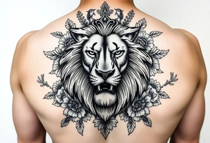 powerful majestic lion with a crown, surrounded by floral ornaments and birds tattoo idea