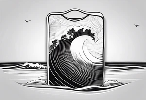 Many small Waves and a sandy beach in black and White, INSIDE a shape of an upright bodyboard tattoo idea