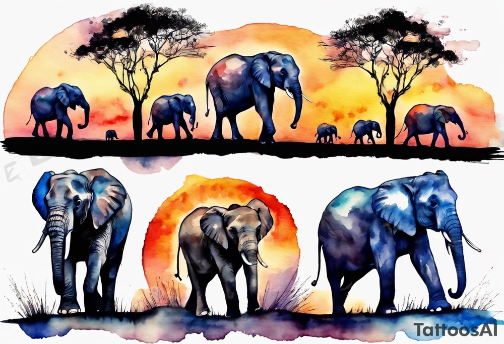 family of 6 elephants walking into sunset tattoo idea