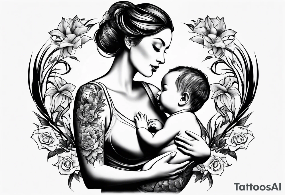 chest tattoo : 
mom and baby son tattoo idea