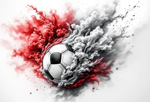 A realistic soccer ball emerging from a red and white smoke cloud shaped like the Slavia crest with czech republic emblem with "slavia" written in it. tattoo idea