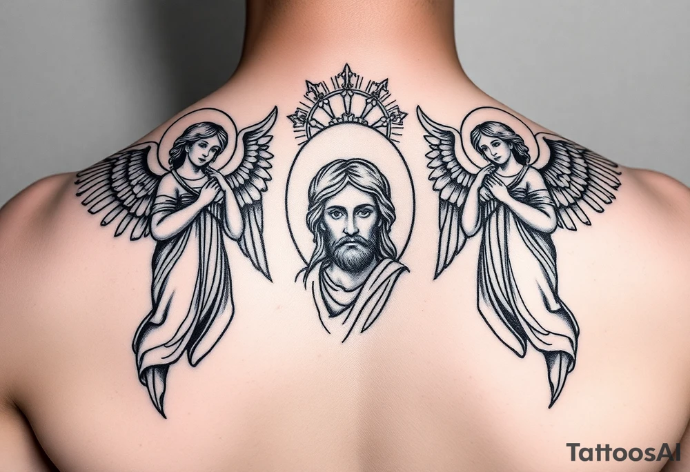 russian orthodox symmetrical guardian angel icon on left and right side of back with both angels holding up a jesus potrait tattoo idea