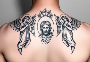 russian orthodox symmetrical guardian angel icon on left and right side of back with both angels holding up a jesus potrait tattoo idea