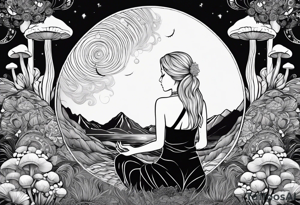 Straight blonde hair girl meditating facing away toward mountains surrounded by mushrooms crescent moon mandala circular design black and white striped dress tattoo idea