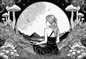 Straight blonde hair girl meditating facing away toward mountains surrounded by mushrooms crescent moon mandala circular design black and white striped dress tattoo idea