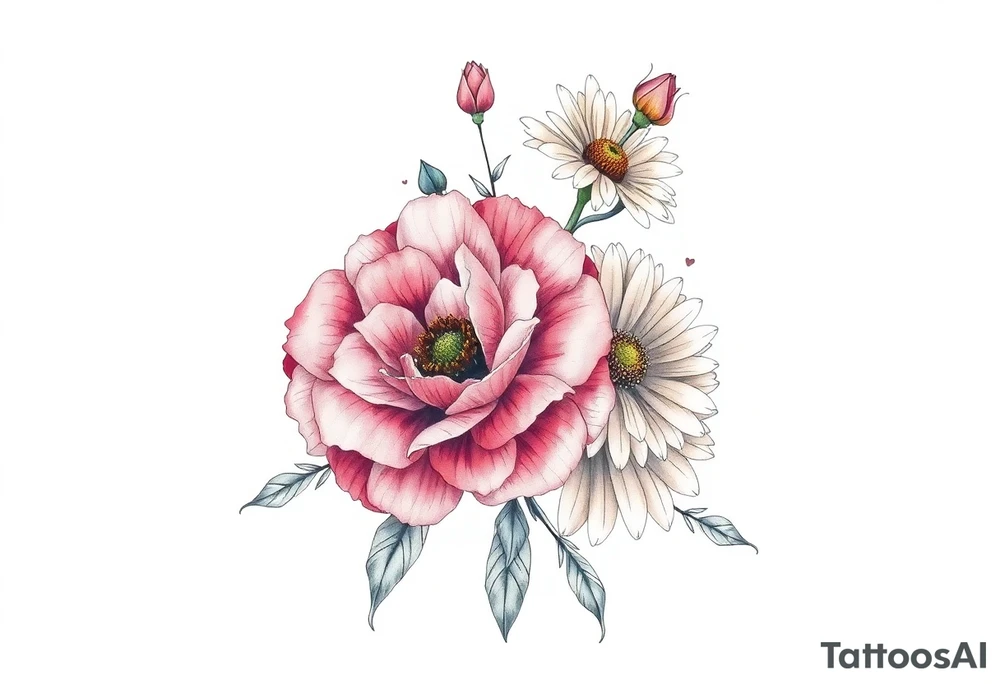 A mix of black and white outline and watercolor colored flowers including a carnation and daisy tattoo idea