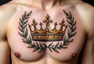 Realistic crown tattoos with metallic gold tones, surrounded by laurel leaves in muted olive green. tattoo idea