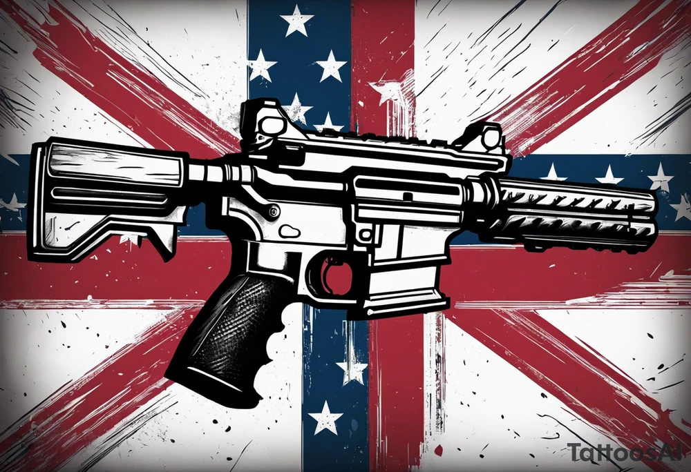 Distressed American flag behind cross with 2 guns leaned on it simple tattoo idea