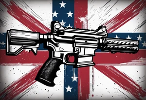 Distressed American flag behind cross with 2 guns leaned on it simple tattoo idea
