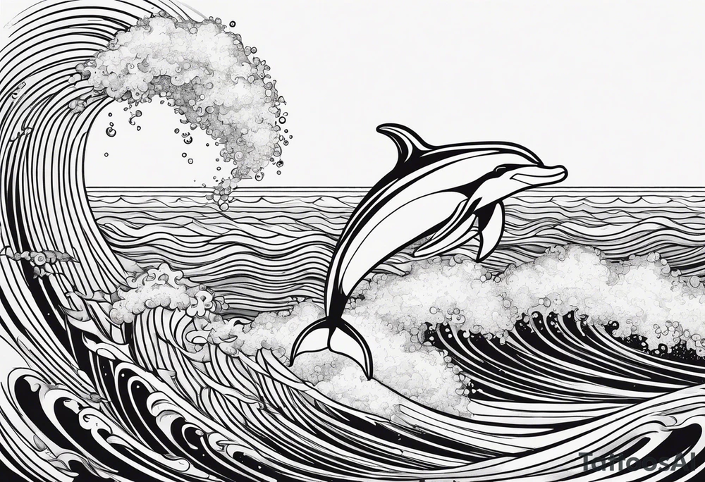 a man riding a dolphin, the dolphin is jumping out of the waves tattoo idea