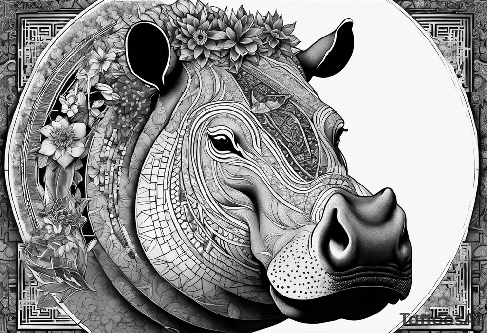 Very asymmetrical, +geometric pattern, with realistic full moon, with seeious looking hippo, +zen feel, + Buddhism touch, +tribal, +geometric
with wintersweet flower bud, +portrait orientation, +inkart touch, tattoo idea
