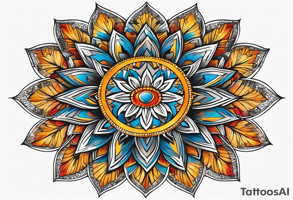 sunburst with yellow, orange, red, and blue colors tattoo idea