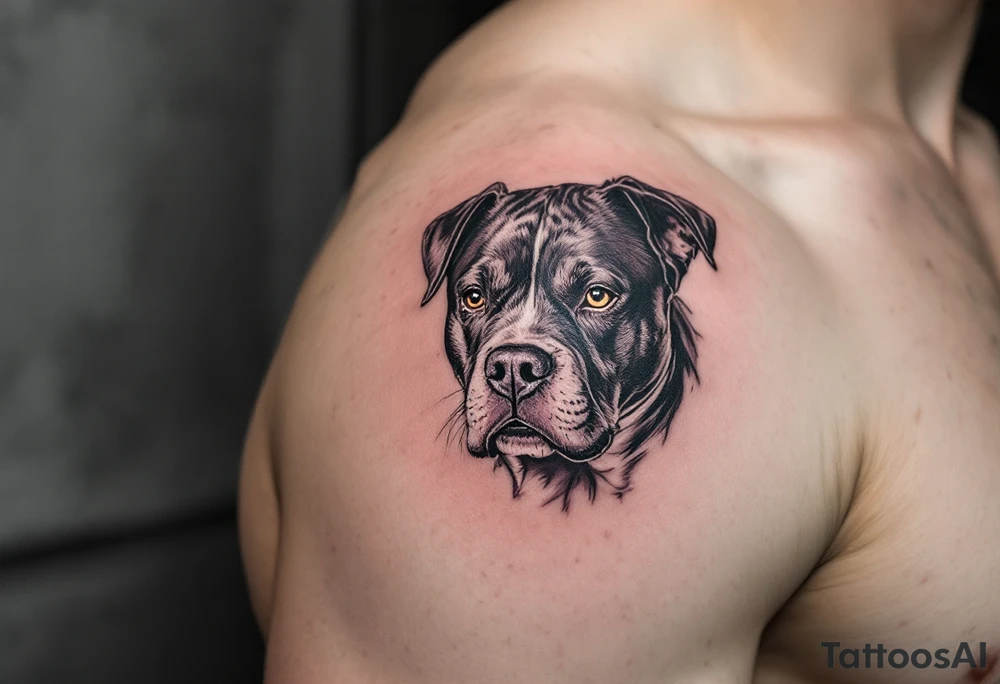 Realistic Portrait Stafford – A highly detailed black-and-gray portrait of a Stafford with expressive eyes and short, shiny fur; ideal for a forearm or chest tattoo. tattoo idea