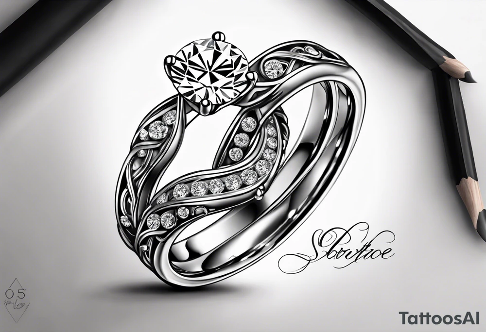 tattoo of wedding rings with the dates 5/23/2023 combined with fire tattoo idea