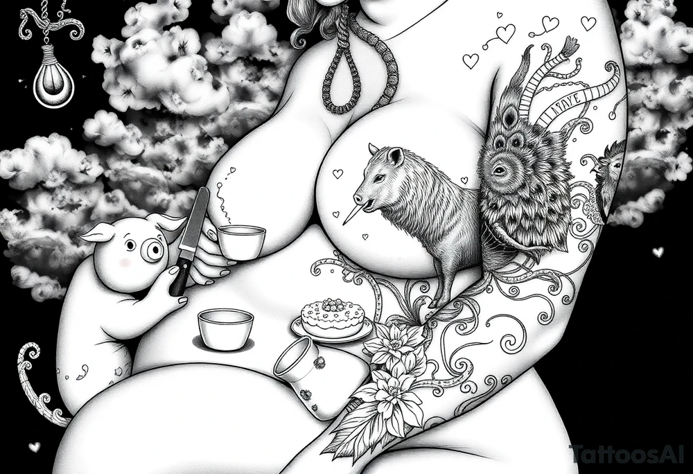 Sexy naked fat lady having a tea party with a pig, peacock, noose, lion, goat, smoking cigerettes looking in the mirror having sex with a man eating a cake thru storm clouds with knife and broken hearts and darkness tattoo idea