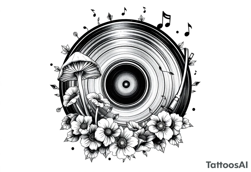 modern vinyl record player with mushrooms, flowers, and music notes around it tattoo idea