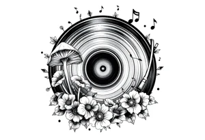 modern vinyl record player with mushrooms, flowers, and music notes around it tattoo idea