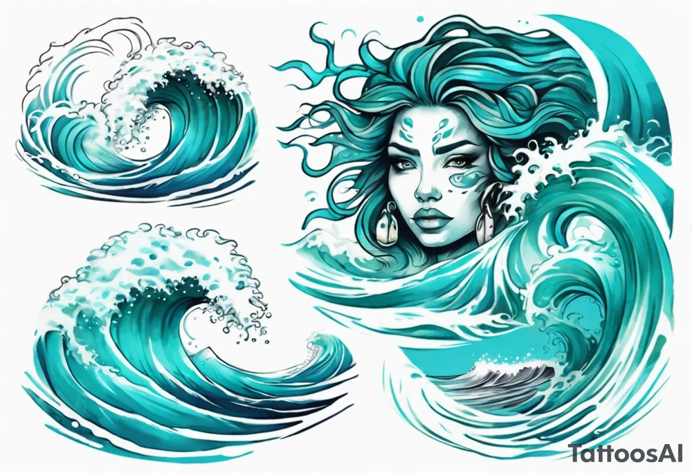 a beautiful turquoise face emerging from an ocean wave, crashing onto the shore tattoo idea