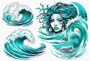a beautiful turquoise face emerging from an ocean wave, crashing onto the shore tattoo idea