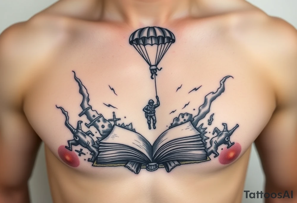 A parachuting soldier landing into an open book. Chaos surrounding, but the book is protecting the soldier from it. On the chest. Make the tattoo smaller. Make it thought provoking. Make the chaos in the environment be a thunderstorm tattoo idea