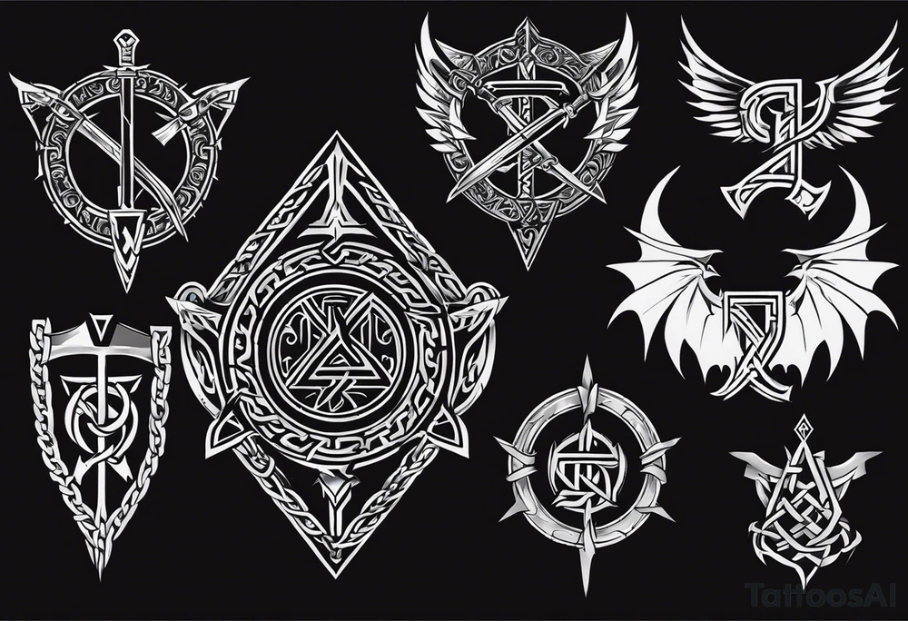 Valhalla sword shield dragon axe Valknut barbed wire chains tribal tattoo idea