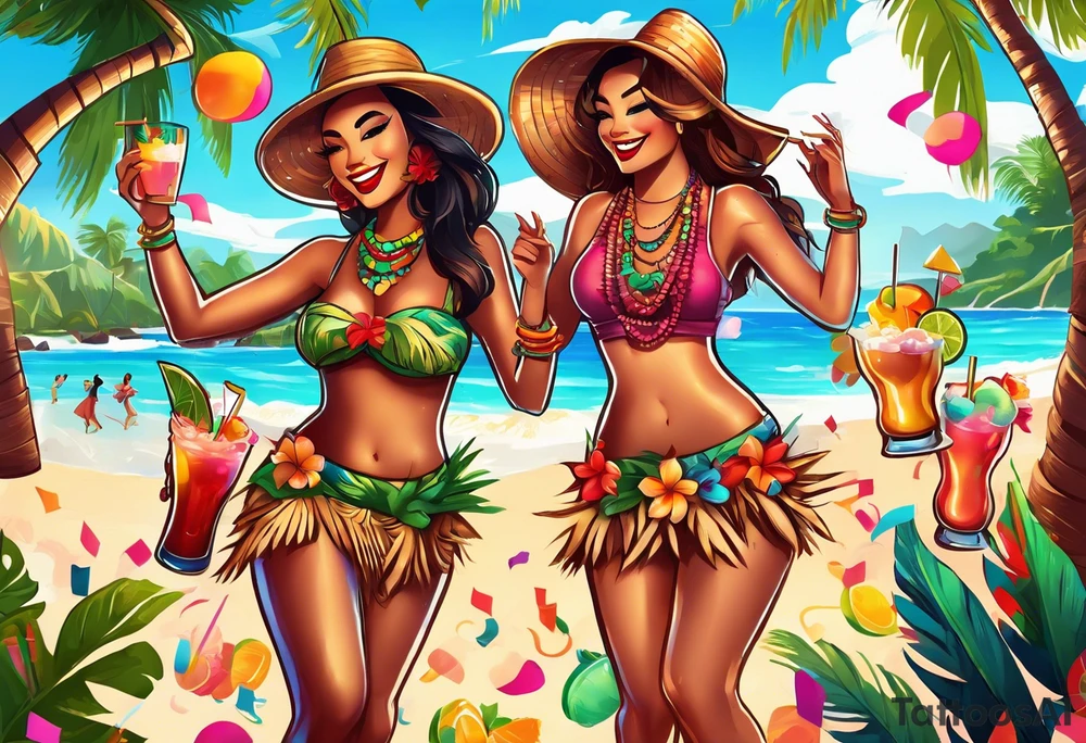 TIKI beach  dance party scene with tropical drinks, sexy girls dancing, music notes, confetti tattoo idea