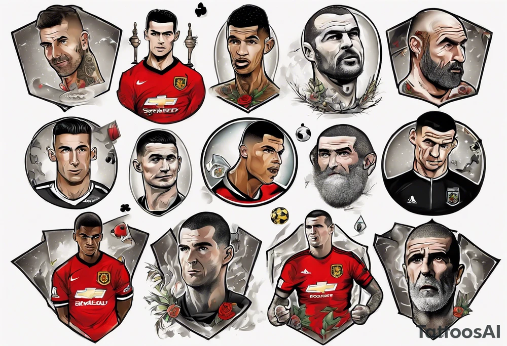 Rooney, Ronaldo, Best, Charlton, Cantona and Rashford at a table tattoo idea