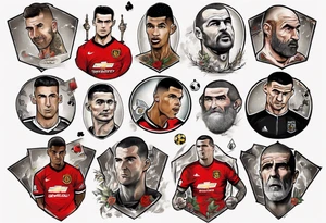 Rooney, Ronaldo, Best, Charlton, Cantona and Rashford at a table tattoo idea