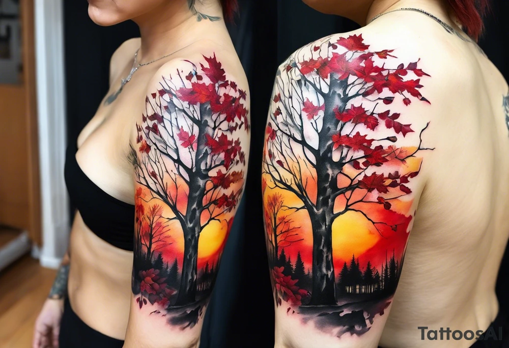 trash polka style. Arm tattoo. chest tattoo. Long tattoo. large tattoo. Full sleeve. Shoulder. A single large maple tree with red autumn leaves that branches upwards from wrist to shoulder. White-throated dipper bird on the trees branches. Calluna flowers at the base of the trees stem. Tree stem has dark colors. Red/yellow sunset behind the trees stem. Leaves falling. tattoo idea