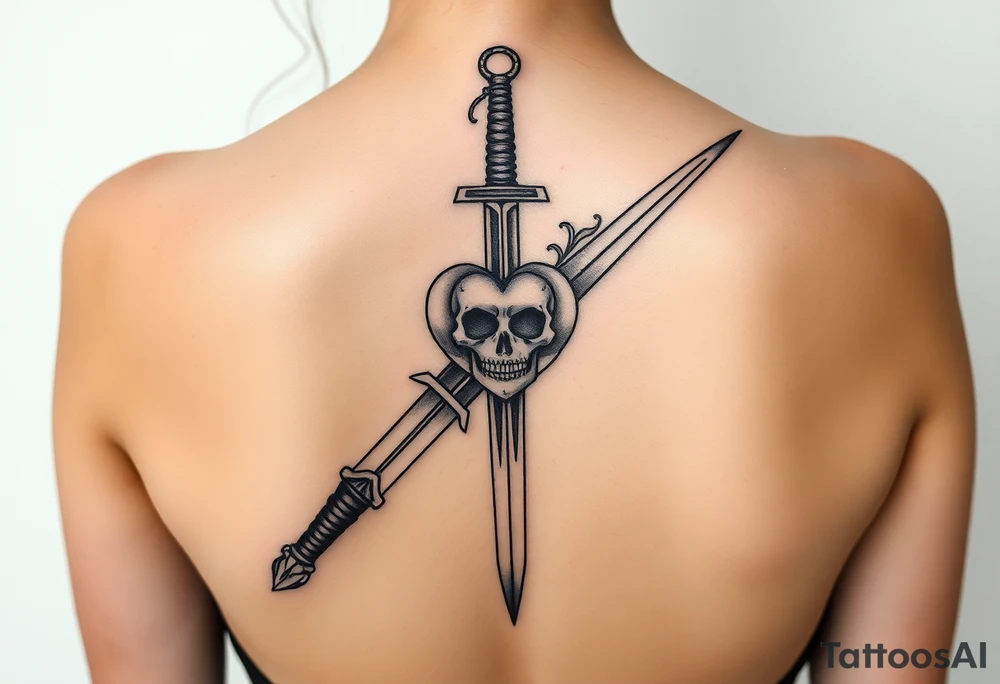 A long weathered guard sword going down spine with a skull heart tattoo idea
