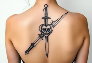 A long weathered guard sword going down spine with a skull heart tattoo idea