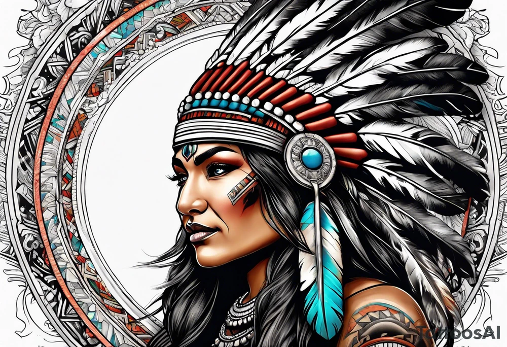 Sleeve with a female Indian chief, Atlas the titan, mountains, and Texas tattoo idea