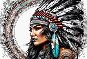Sleeve with a female Indian chief, Atlas the titan, mountains, and Texas tattoo idea
