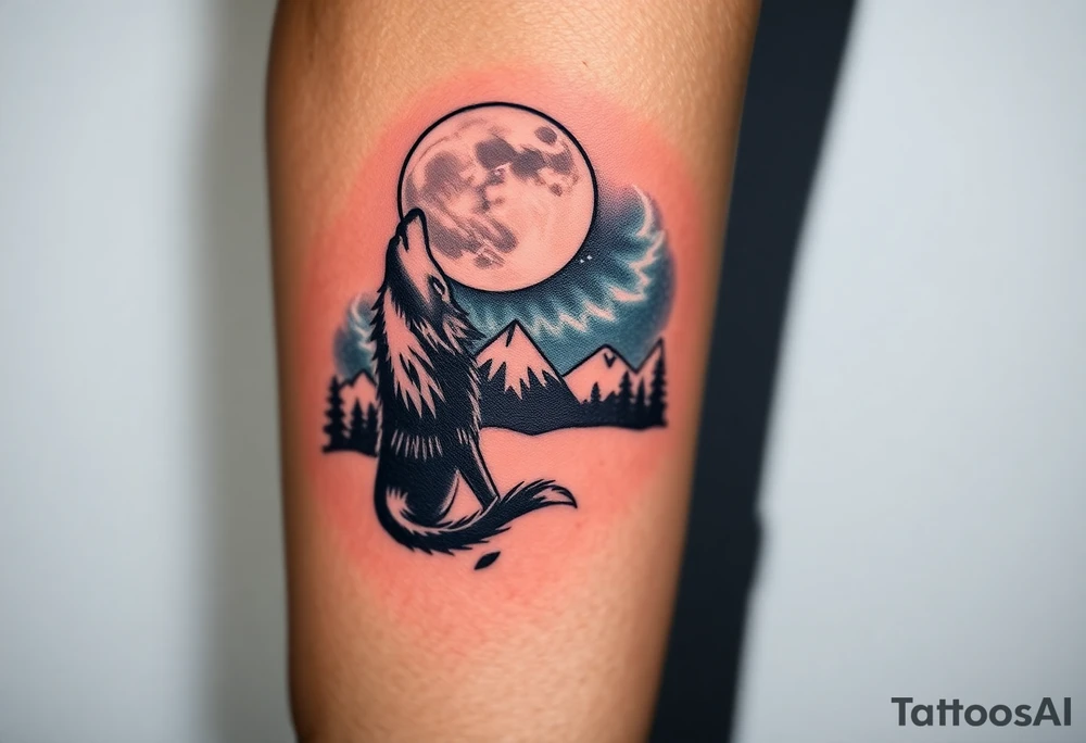 lone wolf howling at full moon with northern lights backdrop tattoo idea