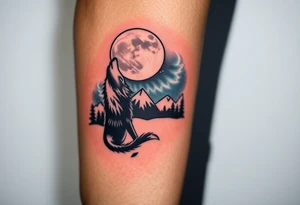 lone wolf howling at full moon with northern lights backdrop tattoo idea