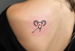 This minimalist Aries tattoo in black ink outlines the constellation with a tiny red ram symbol at its core. tattoo idea