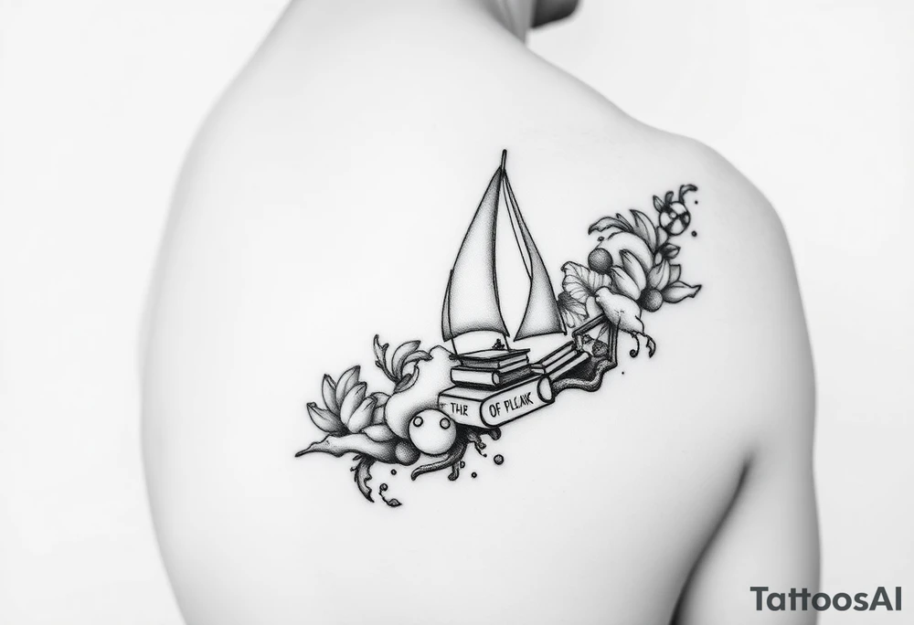 A black and white tattoo that will go on side of the wrist. This is for someone who loves ocean, travel and books. Give this on side of the arm tattoo idea