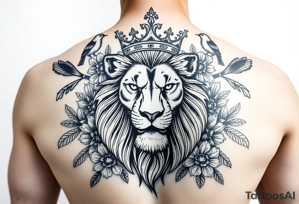 powerful majestic lion with a crown, surrounded by floral ornaments and birds tattoo idea