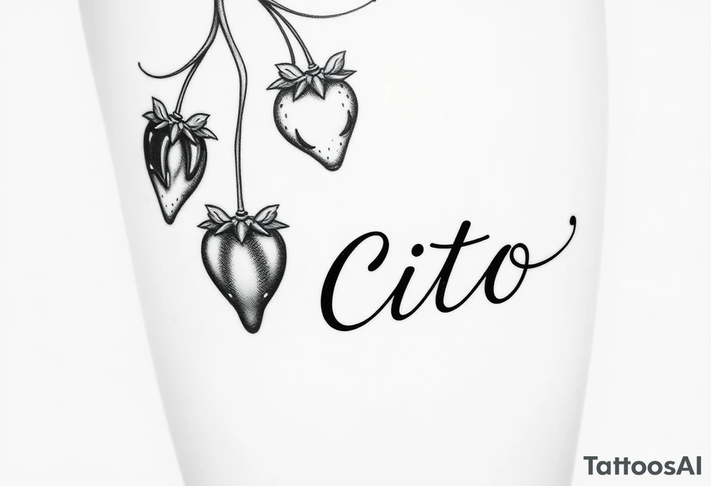 This will be placed going down my thigh.. Make a vine with detail that has strawberries hanging from it some of them should look like they’re dripping chocolate and the last strawberry should look like it has a bite taken out of it the ending of the vine should spell out the name Cito but make it look like a vine with detail it should resemble cursive but keep it looking like it’s written in vine and only the name should be rotated right going down and it should be attached to the rest of the vine that has the strawberries. Black and white only tattoo idea