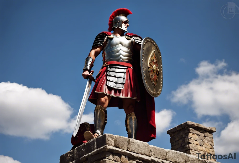 a high ranking roman centurion, soldier, AD 60, wearing armour which must include an armoured belt, breastplate, armoured shoes, shield, helmet and sword. the soldier is strong, tall, large, fit, muscular. the soldier is faceless. We can see the full body of the centurion, from his shoes to his helmet. The soldier is mid-battle, fending off flaming arrows with his shield, advancing towards the enemy, attacking the enemy. attacking pose. The image should be extremely detailed. Need to see the full soldier. tattoo idea