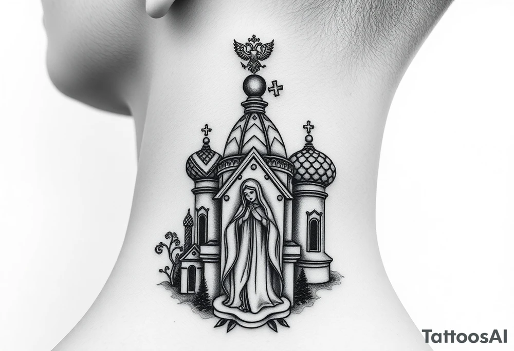 Flowing Scene

A onion domes orthodox church
Virgin Mary in prayer pose wrapping around the lower neck curve
A small double headed russian coat of arms eagle or just the star tucked above the dome near the hairline tattoo idea