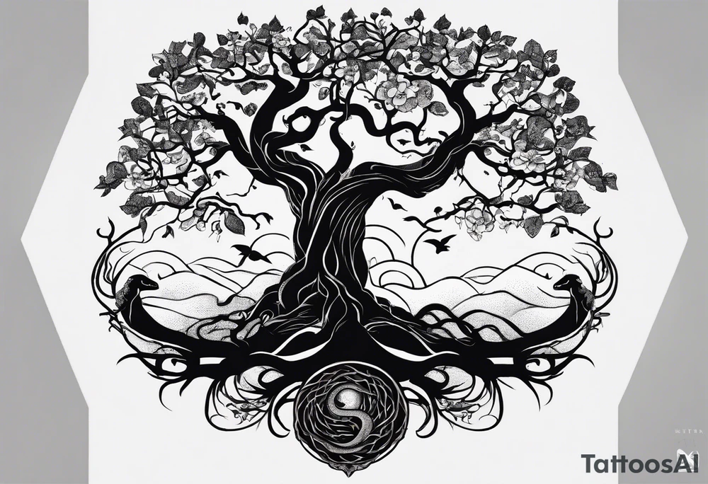 A tree reaching the sky with the roots reaching hell, having a snake around it. All based on Carl Jung ideas. tattoo idea