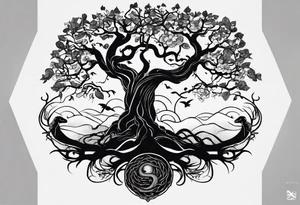 A tree reaching the sky with the roots reaching hell, having a snake around it. All based on Carl Jung ideas. tattoo idea
