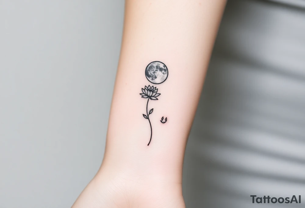 Small black ink minimalist tattoo with full moon, small chrysanthemum and tiny scorpio gliph tattoo idea
