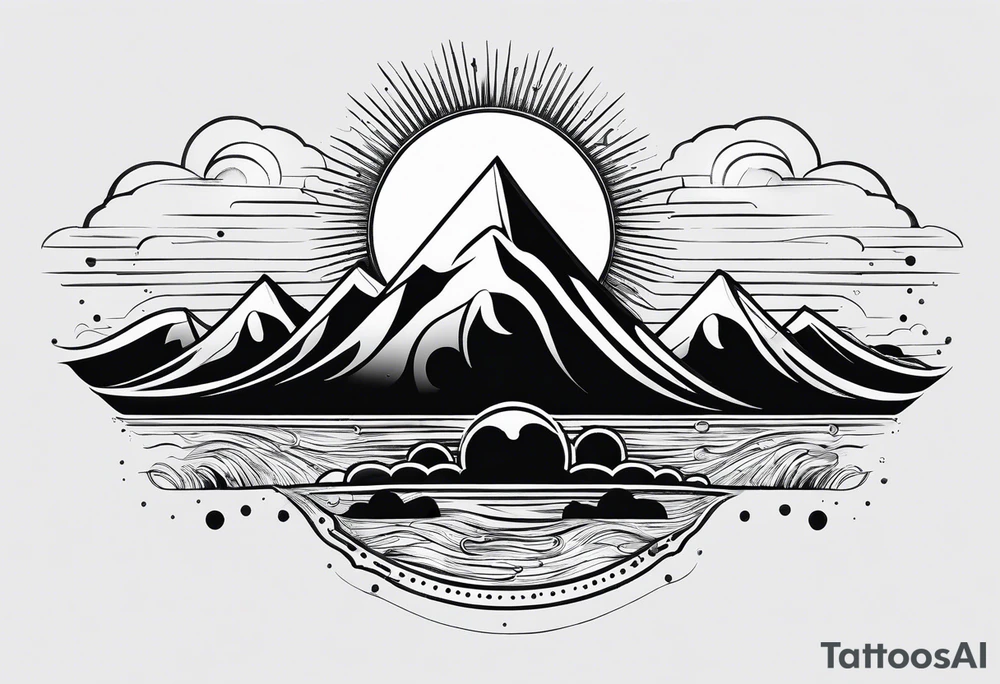 Line art minimalist sun mountain water tattoo idea