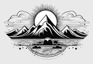 Line art minimalist sun mountain water tattoo idea
