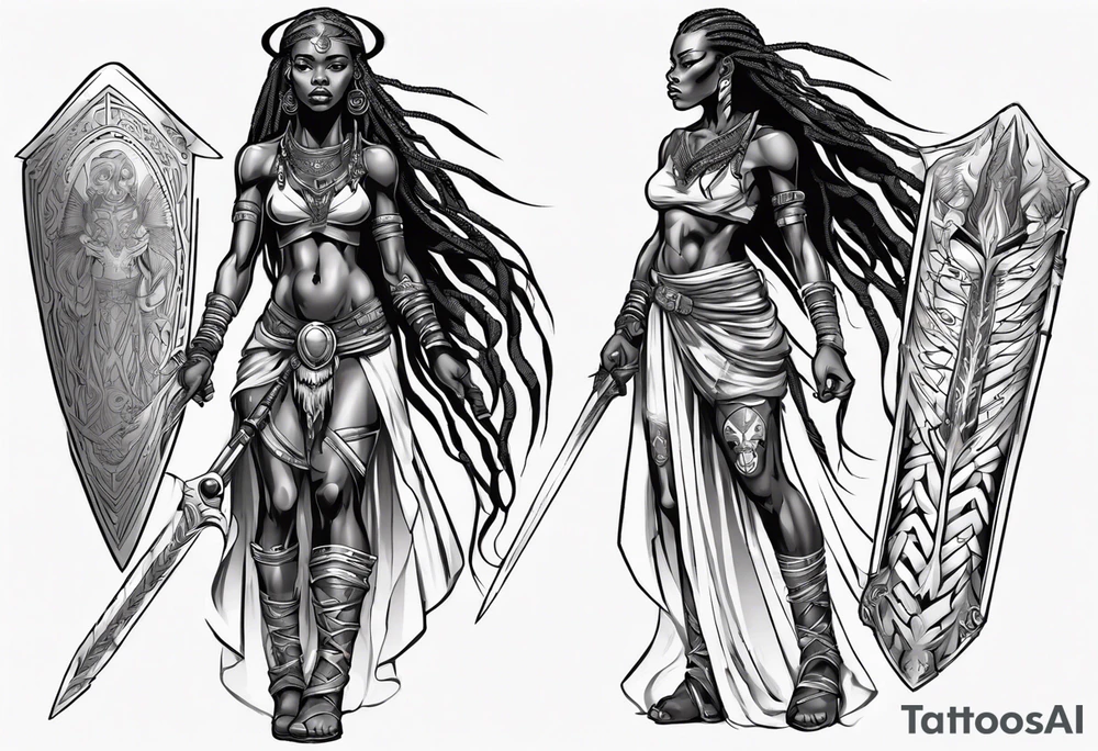 African female valkyre warrior full body angelic
slim long face long braided hair descending from heaven holding sword & shield tattoo idea