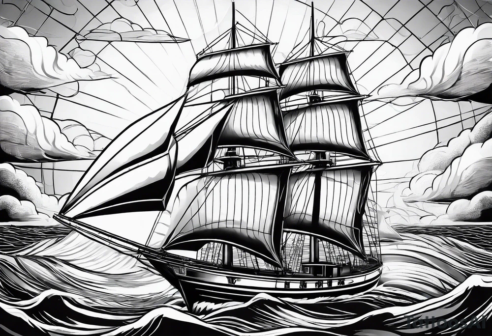 sailboat seen from the front. sail in the shape of a maritime lighthouse.phoenix drawn on the sail. tattoo idea