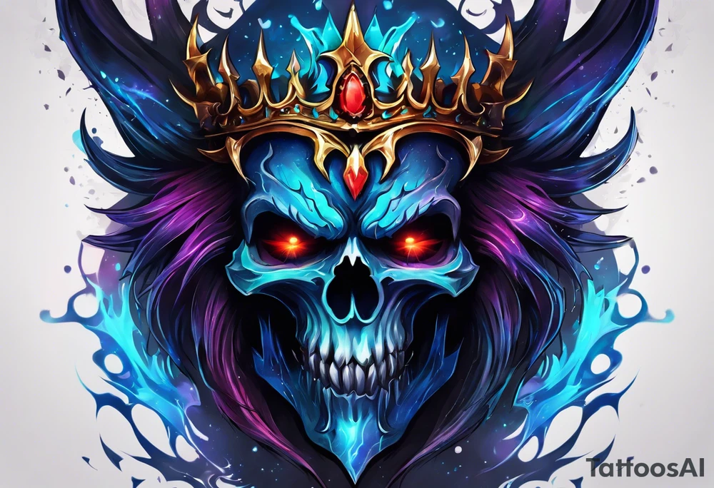 a demonic face with blue flames as majestic crown, deep set glowing galaxy styled eyes, skull faced with slightly open mouth and slight sliver of fangs, tattoo idea