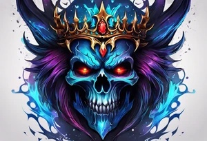 a demonic face with blue flames as majestic crown, deep set glowing galaxy styled eyes, skull faced with slightly open mouth and slight sliver of fangs, tattoo idea